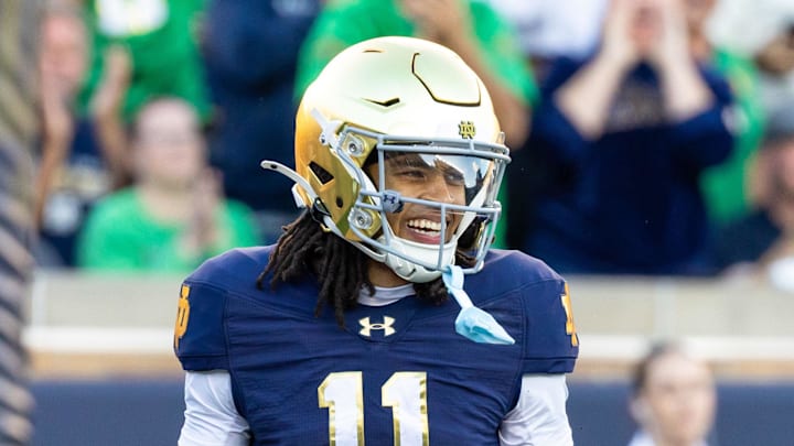 Oct 11, 2025; South Bend, Indiana, USA; Notre Dame Fighting Irish wide receiver Kk Smith (11) celebrates scoring against the NC State Wolfpack during the second half at Notre Dame Stadium. Mandatory Credit: Michael Caterina-Imagn Images