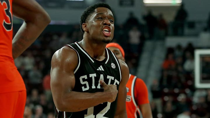 Mississippi State Bulldogs guard Josh Hubbard (12) reacts during the final seconds of the second half against the Auburn Tigers at Humphrey Coliseum.