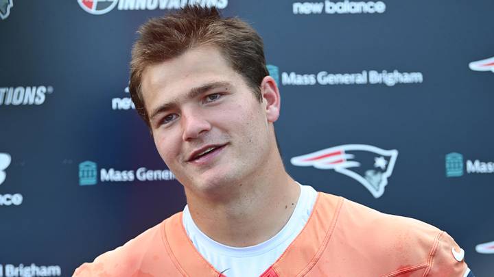 Jun 10, 2026; Foxborough, MA, USA; New England Patriots quarterback Drake Maye (10) speaks to the media after minicamp at Gillette Stadium. Mandatory Credit: Eric Canha-Imagn Images Jun 10, 2026; Foxborough, MA, USA; New England Patriots quarterback Drake Maye (10) speaks to the media after minicamp at Gillette Stadium. Mandatory Credit: Eric Canha-Imagn Images