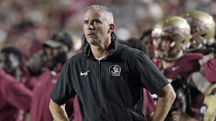 Oct 5, 2024; Tallahassee, Florida, USA; Florida State Seminoles head coach Mike Norvell during the second half against the Clemson Tigers at Doak S. Campbell Stadium. Mandatory Credit: Melina Myers-Imagn Images