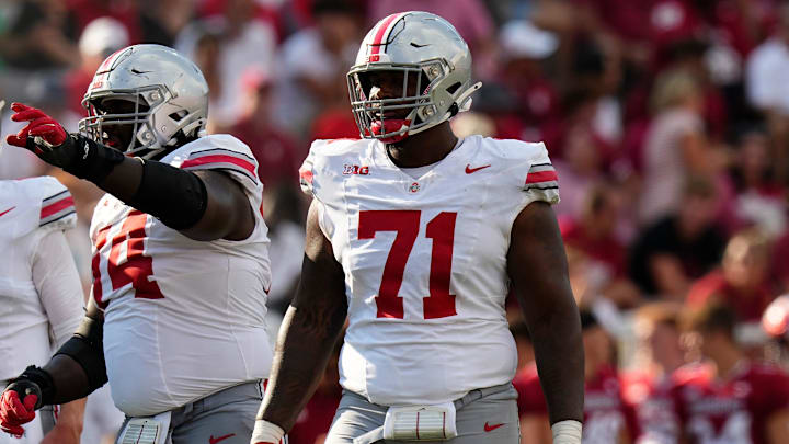 Sep 2, 2023; Bloomington, Indiana, USA; Ohio State Buckeyes offensive lineman Josh Simmons (71) lines up beside offensive lineman Donovan Jackson (74) during the NCAA football game at Indiana University Memorial Stadium. Ohio State won 23-3. Sep 2, 2023; Bloomington, Indiana, USA; Ohio State Buckeyes offensive lineman Josh Simmons (71) lines up beside offensive lineman Donovan Jackson (74) during the NCAA football game at Indiana University Memorial Stadium. Ohio State won 23-3.
