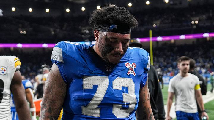 Detroit Lions guard Christian Mahogany (73) walks off the field after 29-24 loss to Pittsburgh Steelers at Ford Field in Detroit on Sunday, Dec. 21, 2025. Detroit Lions guard Christian Mahogany (73) walks off the field after 29-24 loss to Pittsburgh Steelers at Ford Field in Detroit on Sunday, Dec. 21, 2025.