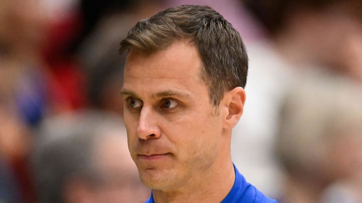Jan 17, 2026; Stanford, California, USA; Duke Blue Devils head coach Jon Scheyer looks on against the Stanford Cardinal in the first half at Maples Pavilion. Mandatory Credit: Eakin Howard-Imagn Images