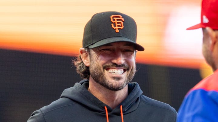 Apr 6, 2026; San Francisco, California, USA; San Francisco Giants manager Tony Vitello reacts before the game against the Philadelphia Phillies at Oracle Park. Mandatory Credit: Bob Kupbens-Imagn Images
