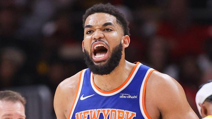Apr 30, 2026; Atlanta, Georgia, USA; New York Knicks center Karl-Anthony Towns (32) reacts after receiving a technical foul against the Atlanta Hawks in the second quarter during game six of the first round of the 2026 NBA Playoffs at State Farm Arena. Mandatory Credit: Brett Davis-Imagn Images