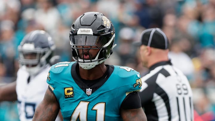 Jan 4, 2026; Jacksonville, Florida, USA; Jacksonville Jaguars defensive end Josh Hines-Allen (41) reacts after sacking Tennessee Titans quarterback Brandon Allen (not pictured) during the second quarter at EverBank Stadium. Mandatory Credit: Travis Register-Imagn Images