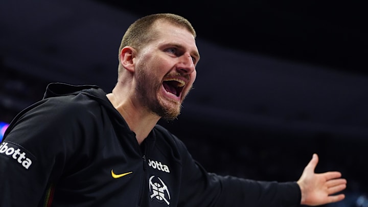 Apr 4, 2026; Denver, Colorado, USA; Denver Nuggets center Nikola Jokic (15) reacts to a referee in the second quarter against the San Antonio Spurs at Ball Arena. Mandatory Credit: Ron Chenoy-Imagn Images Apr 4, 2026; Denver, Colorado, USA; Denver Nuggets center Nikola Jokic (15) reacts to a referee in the second quarter against the San Antonio Spurs at Ball Arena. Mandatory Credit: Ron Chenoy-Imagn Images