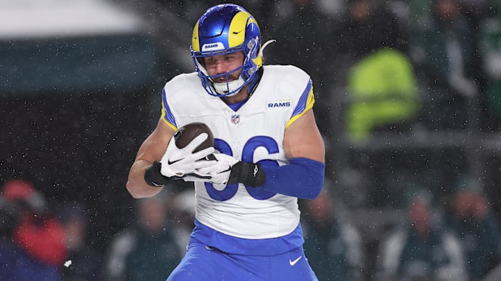 Jan 19, 2025; Philadelphia, Pennsylvania, USA; Los Angeles Rams tight end Colby Parkinson (86) makes a touchdown catch in the second half against the Philadelphia Eagles in a 2025 NFC divisional round game at Lincoln Financial Field. Mandatory Credit: Bill Streicher-Imagn Images Jan 19, 2025; Philadelphia, Pennsylvania, USA; Los Angeles Rams tight end Colby Parkinson (86) makes a touchdown catch in the second half against the Philadelphia Eagles in a 2025 NFC divisional round game at Lincoln Financial Field. Mandatory Credit: Bill Streicher-Imagn Images