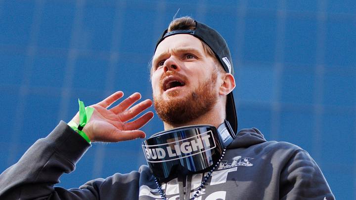 Seattle Seahawks quarterback Sam Darnold reacts during the Super Bowl LX parade