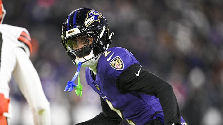 Jan 4, 2025; Baltimore, Maryland, USA; Baltimore Ravens cornerback Nate Wiggins (2) drops back in coverage as Cleveland Browns wide receiver Kaden Davis (89) runs a route during the first half at M&T Bank Stadium. Mandatory Credit: Tommy Gilligan-Imagn Images Jan 4, 2025; Baltimore, Maryland, USA; Baltimore Ravens cornerback Nate Wiggins (2) drops back in coverage as Cleveland Browns wide receiver Kaden Davis (89) runs a route during the first half at M&T Bank Stadium. Mandatory Credit: Tommy Gilligan-Imagn Images