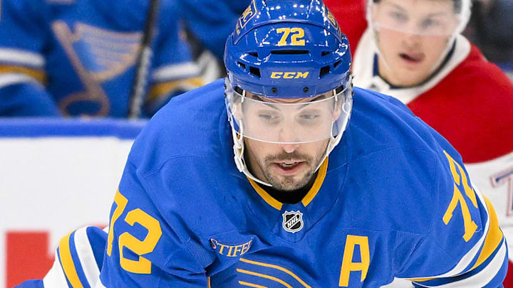 Jan 3, 2026; St. Louis, Missouri, USA; St. Louis Blues defenseman Justin Faulk (72) controls the puck against the Montreal Canadiens during the first period at Enterprise Center. Mandatory Credit: Jeff Curry-Imagn Images Jan 3, 2026; St. Louis, Missouri, USA; St. Louis Blues defenseman Justin Faulk (72) controls the puck against the Montreal Canadiens during the first period at Enterprise Center. Mandatory Credit: Jeff Curry-Imagn Images