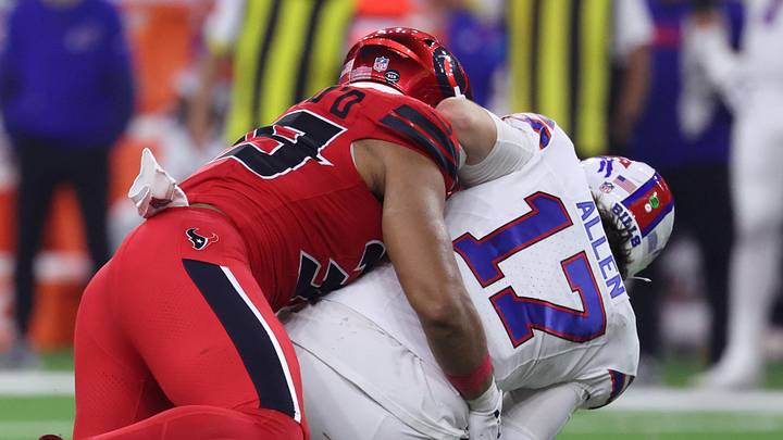 Nov 20, 2025; Houston, Texas, USA; Houston Texans linebacker Henry To'oTo'o (39) sacks Buffalo Bills quarterback Josh Allen (17) in the second half at NRG Stadium. Mandatory Credit: Troy Taormina-Imagn Images