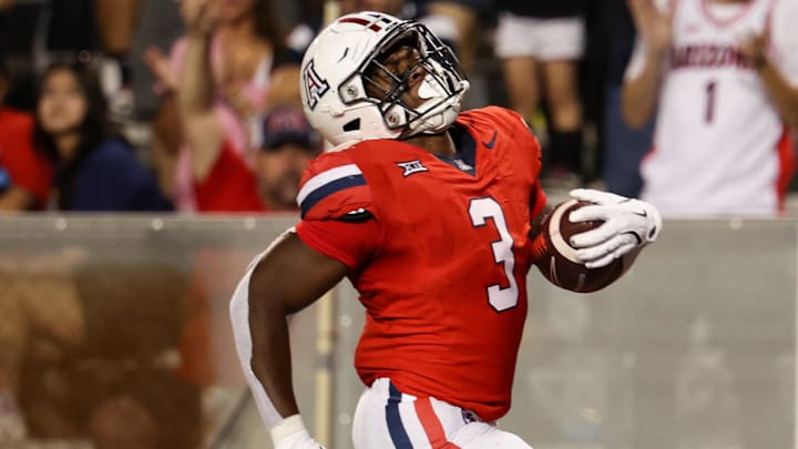 Sep 7, 2024; Tucson, Arizona, USA; Arizona Wildcats running back Kedrick Reescano (3) runs to the end zone to make a touch down against Northern Arizona Lumberjacks during the fourth quarter at Arizona Stadium