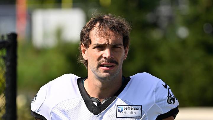 Aug 19, 2026; Foxborough, Massachusetts, USA; Philadelphia Eagles tight end Dallas Goedert (88) walks to the practice field during training camp at Gillette Stadium. Mandatory Credit: Eric Canha-Imagn Images