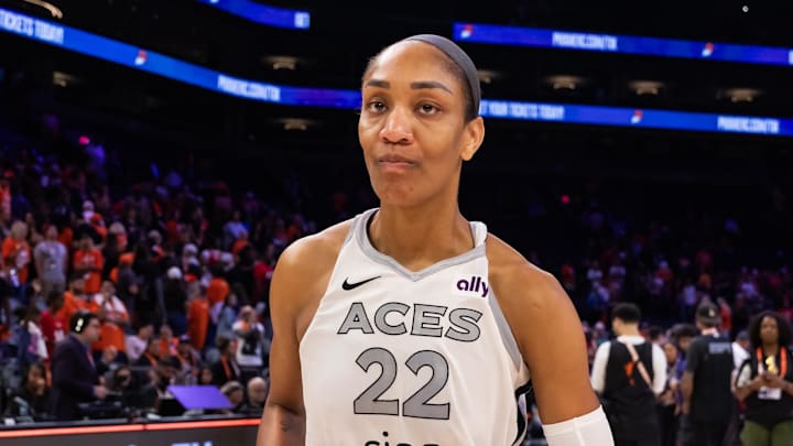 Oct 8, 2025; Phoenix, Arizona, USA; Las Vegas Aces center A'ja Wilson (22) against the Phoenix Mercury during game three of the 2025 WNBA Finals at PHX Arena. Mandatory Credit: Mark J. Rebilas-Imagn Images Oct 8, 2025; Phoenix, Arizona, USA; Las Vegas Aces center A'ja Wilson (22) against the Phoenix Mercury during game three of the 2025 WNBA Finals at PHX Arena. Mandatory Credit: Mark J. Rebilas-Imagn Images
