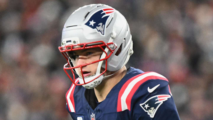 Jan 4, 2026; Foxborough, Massachusetts, USA; New England Patriots quarterback Drake Maye (10) runs off the field against the Miami Dolphins during the first quarter at Gillette Stadium. Mandatory Credit: Brian Fluharty-Imagn Images