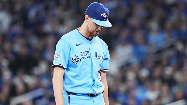 Apr 11, 2026; Toronto, Ontario, CAN; Toronto Blue Jays starting pitcher Eric Lauer (56) walks towards the dugout against the Minnesota Twins during the third inning at Rogers Centre. Mandatory Credit: Nick Turchiaro-Imagn Images