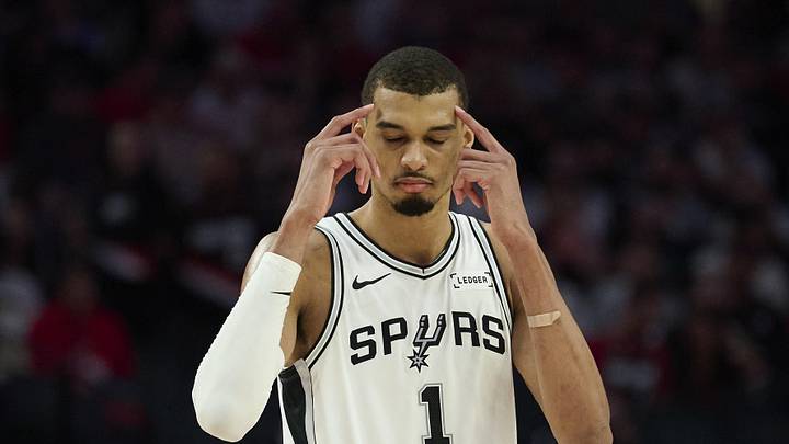 Apr 26, 2026; Portland, Oregon, USA; San Antonio Spurs forward Victor Wembanyama (1) encourages a teammate to be smart during the second half against the Portland Trail Blazers during game four of the first round of the 2026 NBA Playoffs at Moda Center. Mandatory Credit: Troy Wayrynen-Imagn Images