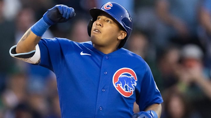 Mar 17, 2026; Mesa, Arizona, USA; Chicago Cubs designated hitter Moises Ballesteros celebrates after hitting a home run against the Los Angeles Angels during a spring training game at Sloan Park. Mandatory Credit: Mark J. Rebilas-Imagn Images Mar 17, 2026; Mesa, Arizona, USA; Chicago Cubs designated hitter Moises Ballesteros celebrates after hitting a home run against the Los Angeles Angels during a spring training game at Sloan Park. Mandatory Credit: Mark J. Rebilas-Imagn Images