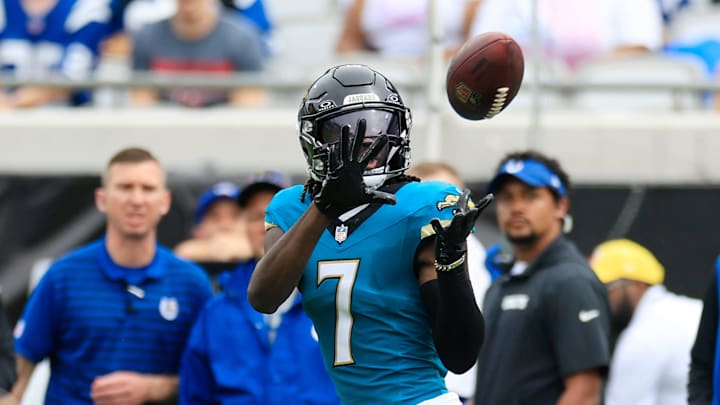 Jacksonville Jaguars wide receiver Brian Thomas Jr. (7) hauls in a reception en route to a touchdown during the second quarter of an NFL football matchup Sunday, Oct. 6, 2024 at EverBank Stadium in Jacksonville, Fla. The Jaguars edged the Colts on a field goal 37-34. [Corey Perrine/Florida Times-Union]
