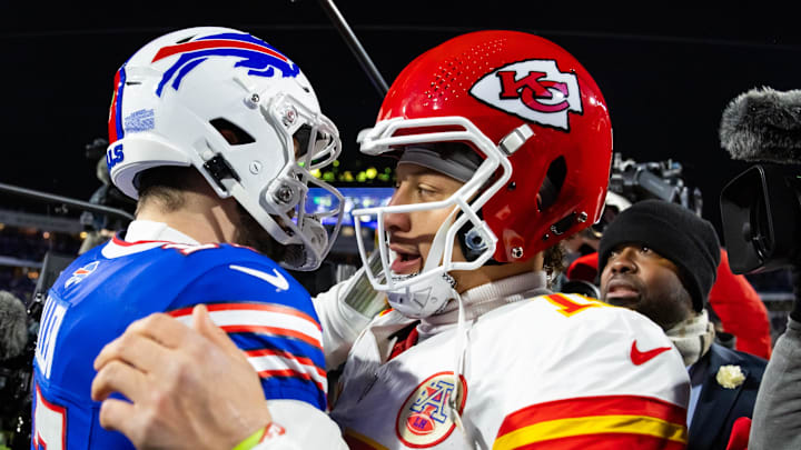 Jan 21, 2024; Orchard Park, New York, USA; Kansas City Chiefs quarterback Patrick Mahomes (15) greets Buffalo Bills quarterback Josh Allen (17) following the 2024 AFC divisional round game at Highmark Stadium. Mandatory Credit: Mark J. Rebilas-Imagn Images