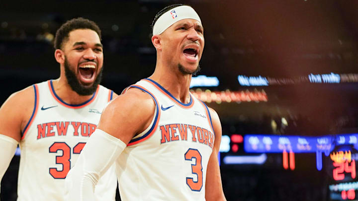 Apr 9, 2026; New York, New York, USA; New York Knicks center Karl-Anthony Towns (32) celebrates with New York Knicks guard Josh Hart (3) after Hart hit a three pointer late in the fourth quarter against the Boston Celtics at Madison Square Garden. Mandatory Credit: Lucas Boland-Imagn Images