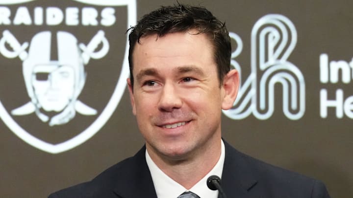 Feb 10, 2026; Henderson, NV, USA; Las Vegas Raiders coach Klint Kubiak speaks at introductory press conference at Intermountain Health Performance Center. Mandatory Credit: Kirby Lee-Imagn Images