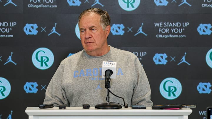 North Carolina head coach Bill Belichick speaking to the press before the Tar Heels' first practice of fall camp on Saturday, Aug. 2, 2025 North Carolina head coach Bill Belichick speaking to the press before the Tar Heels' first practice of fall camp on Saturday, Aug. 2, 2025