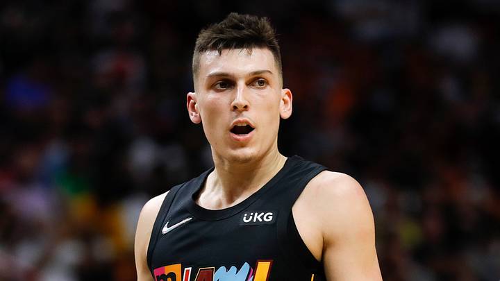 Miami Heat guard Tyler Herro (14) reacts toward a game official during the first half of the game against the Indiana Pacers at FTX Arena on December 21, 2021.