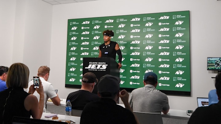 New York Jets quarterback Justin Fields addresses the media.
