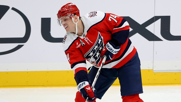 Jan 31, 2026; Washington, District of Columbia, USA; Washington Capitals defenseman John Carlson (74) passes the puck during the third period against the Carolina Hurricanes at Capital One Arena. Mandatory Credit: Daniel Kucin Jr.-Imagn Images