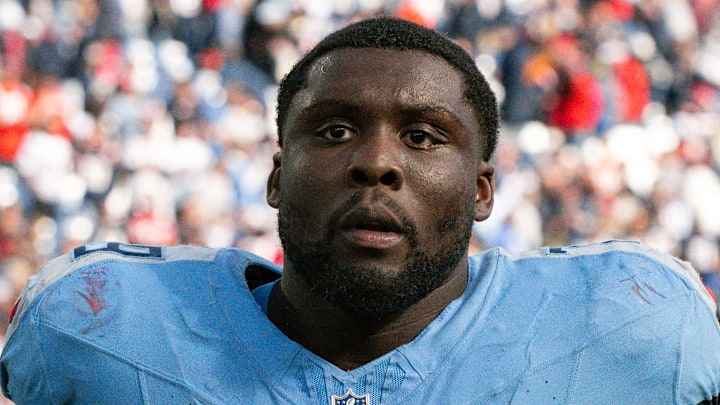 Tennessee Titans center Lloyd Cushenberry III walks off the field post game against the New England Patriots.