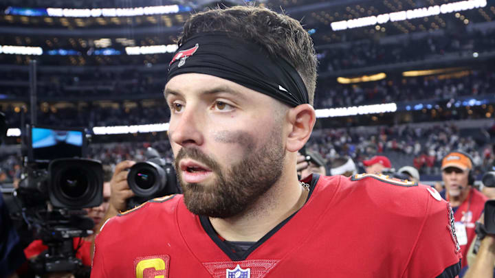 Dec 22, 2024; Arlington, Texas, USA;  Tampa Bay Buccaneers quarterback Baker Mayfield (6) walks off the field after the game against the Dallas Cowboys at AT&T Stadium. Mandatory Credit: Tim Heitman-Imagn Images