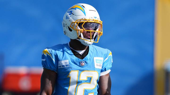Jul 25, 2025; El Segundo, CA, USA; Los Angeles Chargers receiver Derius Davis (12) during training camp at The Bolt. Mandatory Credit: Kirby Lee-Imagn Images