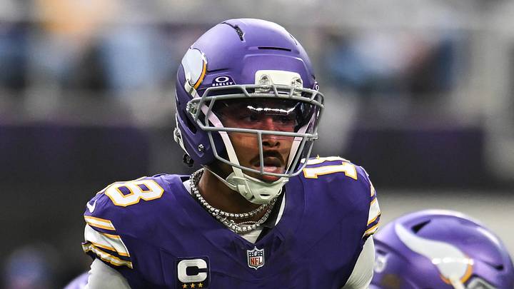 Jan 4, 2026; Minneapolis, Minnesota, USA; Minnesota Vikings wide receiver Justin Jefferson (18) in action during the game against the Green Bay Packers at U.S. Bank Stadium. Mandatory Credit: Jeffrey Becker-Imagn Images