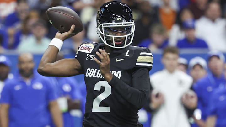Dec 28, 2024; San Antonio, TX, USA; Colorado Buffaloes quarterback Shedeur Sanders (2) attempts a pass during the first quarter against the Brigham Young Cougars at Alamodome. Mandatory Credit: Troy Taormina-Imagn Images