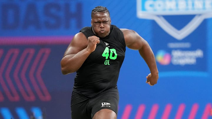 Mar 1, 2026; Indianapolis, IN, USA; Oregon offensive lineman Emmanuel Pregnon (OL40) during the NFL Scouting Combine at Lucas Oil Stadium. Mandatory Credit: Kirby Lee-Imagn Images