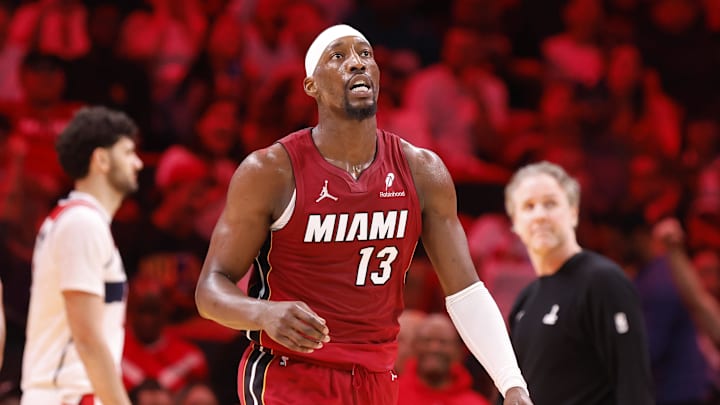 Mar 10, 2026; Miami, Florida, USA;  Miami Heat center Bam Adebayo (13) walks back to the bench during a time out against the Washington Wizards during the second half at Kaseya Center. Mandatory Credit: Rhona Wise-Imagn Images