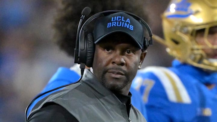 Nov 22, 2025; Pasadena, California, USA;  UCLA Bruins interim head coach Tim Skipper looks on during the first half against the Washington Huskies at the Rose Bowl. Mandatory Credit: Jayne Kamin-Oncea-Imagn Images