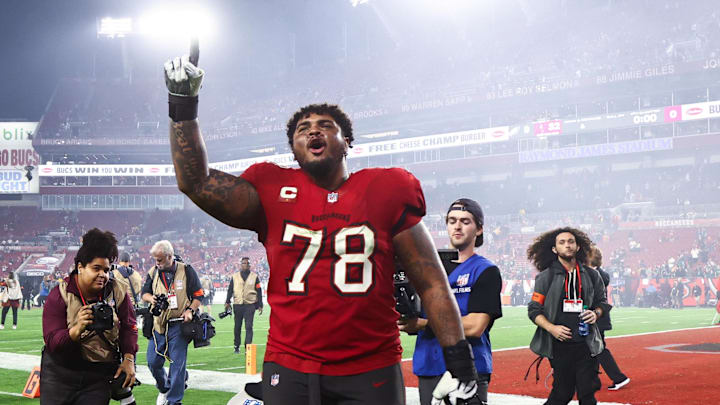 Jan 15, 2024; Tampa, Florida, USA; Tampa Bay Buccaneers offensive tackle Tristan Wirfs (78) reacts after a victory against the Philadelphia Eagles in a 2024 NFC wild card game at Raymond James Stadium. Mandatory Credit: Kim Klement Neitzel-Imagn Images