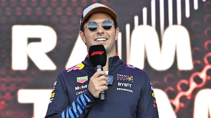Oct 19, 2024; Austin, Texas, USA; Oracle Red Bull Racing driver Sergio Perez (11) of Team Mexico speaks to the crowd during a fan forum before the Sprint Race in the 2024 Formula One US Grand Prix at Circuit of the Americas. Mandatory Credit: Jerome Miron-Imagn Images