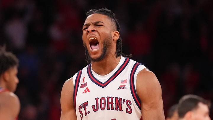 Mar 14, 2026; New York, NY, USA; St. John's Red Storm forward Zuby Ejiofor (24) reacts in the closing moments of the second half of the men's Big East Conference Tournament Championship against the Connecticut Huskies at Madison Square Garden. Mandatory Credit: Robert Deutsch-Imagn Images Mar 14, 2026; New York, NY, USA; St. John's Red Storm forward Zuby Ejiofor (24) reacts in the closing moments of the second half of the men's Big East Conference Tournament Championship against the Connecticut Huskies at Madison Square Garden. Mandatory Credit: Robert Deutsch-Imagn Images