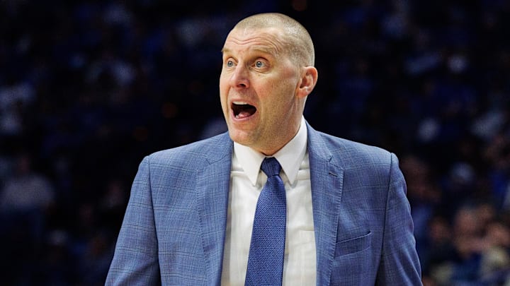 Feb 8, 2025; Lexington, Kentucky, USA; Kentucky Wildcats head coach Mark Pope yells to his players during the first half against the South Carolina Gamecocks at Rupp Arena at Central Bank Center. Mandatory Credit: Jordan Prather-Imagn Images