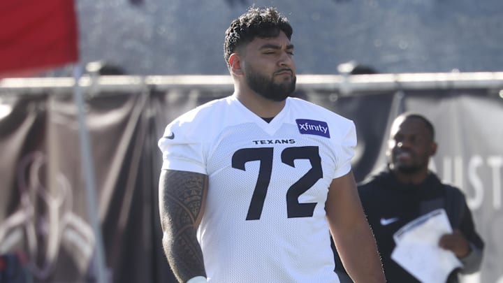 Jul 23, 2025; Houston, TX, USA;  Houston Texans defensive tackle Tommy Togiai (72) during training camp at Houston Methodist Training Center. Mandatory Credit: Troy Taormina-Imagn Images