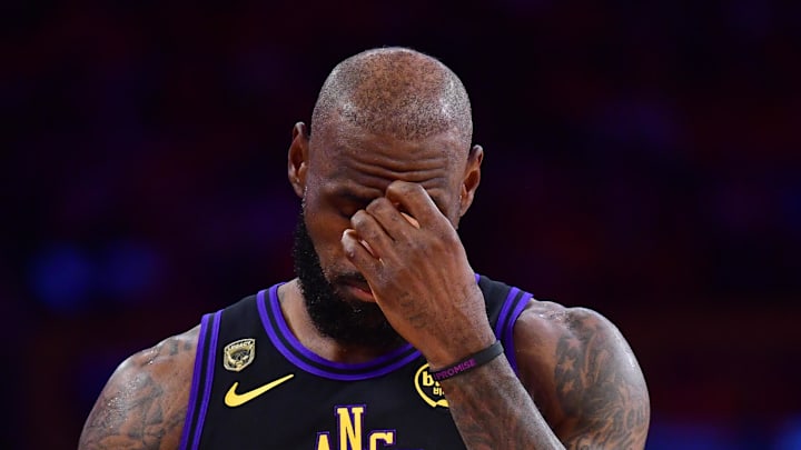 May 11, 2026; Los Angeles, California, USA; Los Angeles Lakers forward LeBron James (23) during the first half in game four of the second round of the 2026 NBA Playoffs at Crypto.com Arena. Mandatory Credit: Gary A. Vasquez-Imagn Images