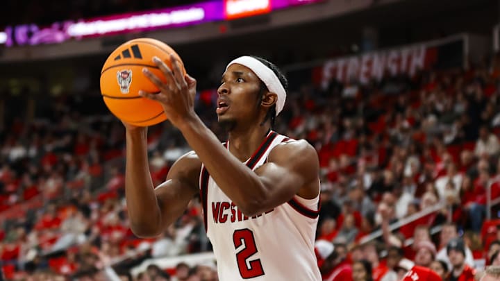 Jan 27, 2026; Raleigh, North Carolina, USA; NC State Wolfpack guard Jr. Paul McNeil (2) shoots a 3-pointer during the first half of the game against the Syracuse Orange at Lenovo Center. Mandatory Credit: Jaylynn Nash-Imagn Images