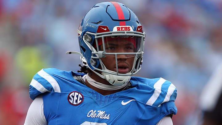 Sep 28, 2024; Oxford, Mississippi, USA; Mississippi Rebels defensive linemen Walter Nolen (2) waits for the snap during the second half against the Kentucky Wildcats at Vaught-Hemingway Stadium. Mandatory Credit: Petre Thomas-Imagn Images