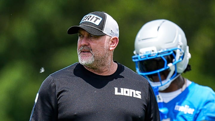 Detroit Lions offensive coordinator John Morton watches practice during OTA 