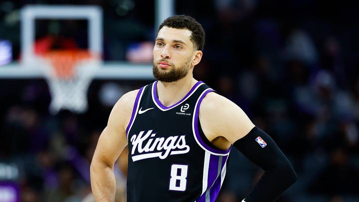 Jan 20, 2026; Sacramento, California, USA; Sacramento Kings guard Zach LaVine (8) looks on against the Miami Heat during the third quarter at Golden 1 Center. Mandatory Credit: Sergio Estrada-Imagn Images