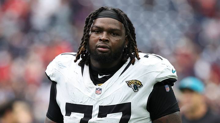Sep 29, 2024; Houston, Texas, USA; Jacksonville Jaguars offensive tackle Anton Harrison (77) after the game against the Houston Texans at NRG Stadium. Mandatory Credit: Troy Taormina-Imagn Images